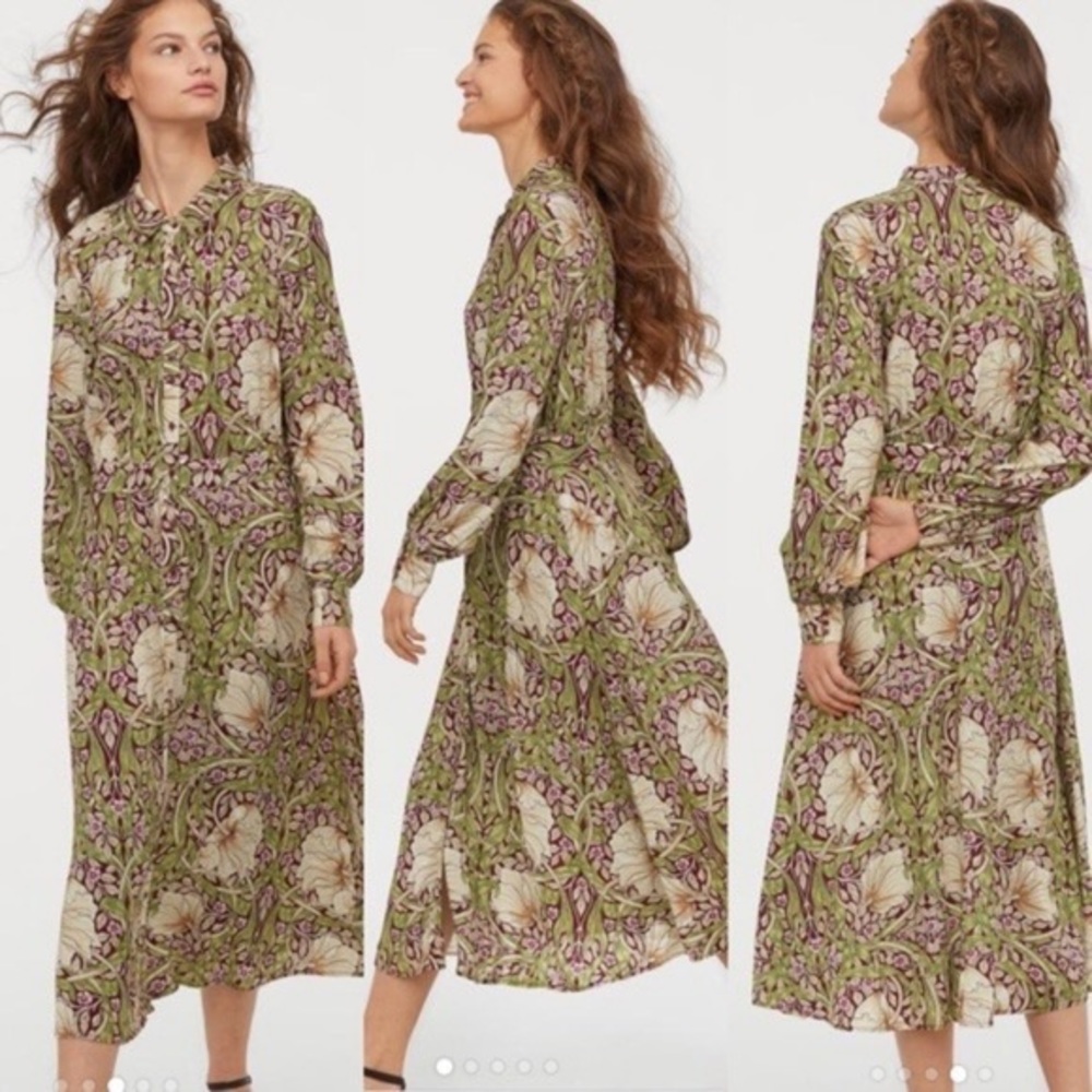 WILLIAM MORRIS & CO X H&M BURGUNDY GREEN FLORAL MIDI SHIRT DRESS Sz 10